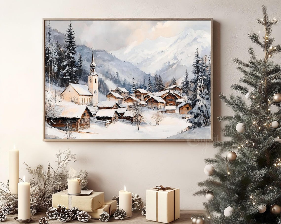Snowy Alpine Village with Church and Mountains Winter Poster - Image 8