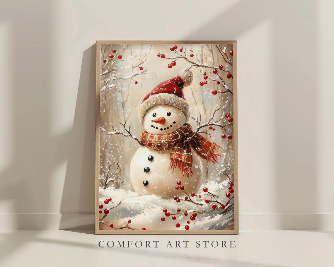 Snowman in Red Knit Hat with Plaid Scarf Winter Watercolor Wall Art - Image 7