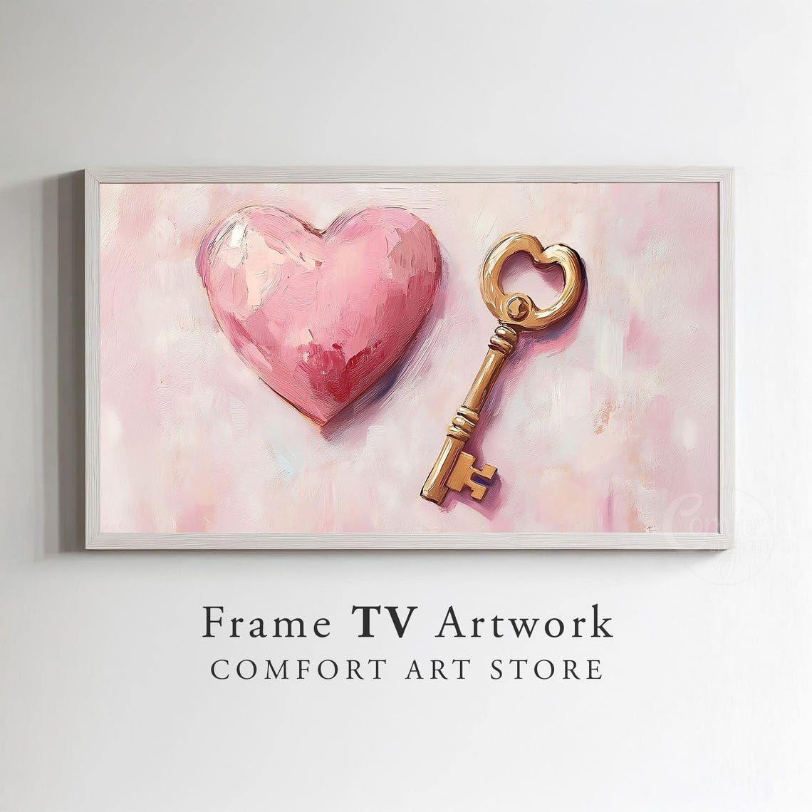 Pink Heart Antique Gold Key Oil Painting Romantic Decor Poster - Image 3