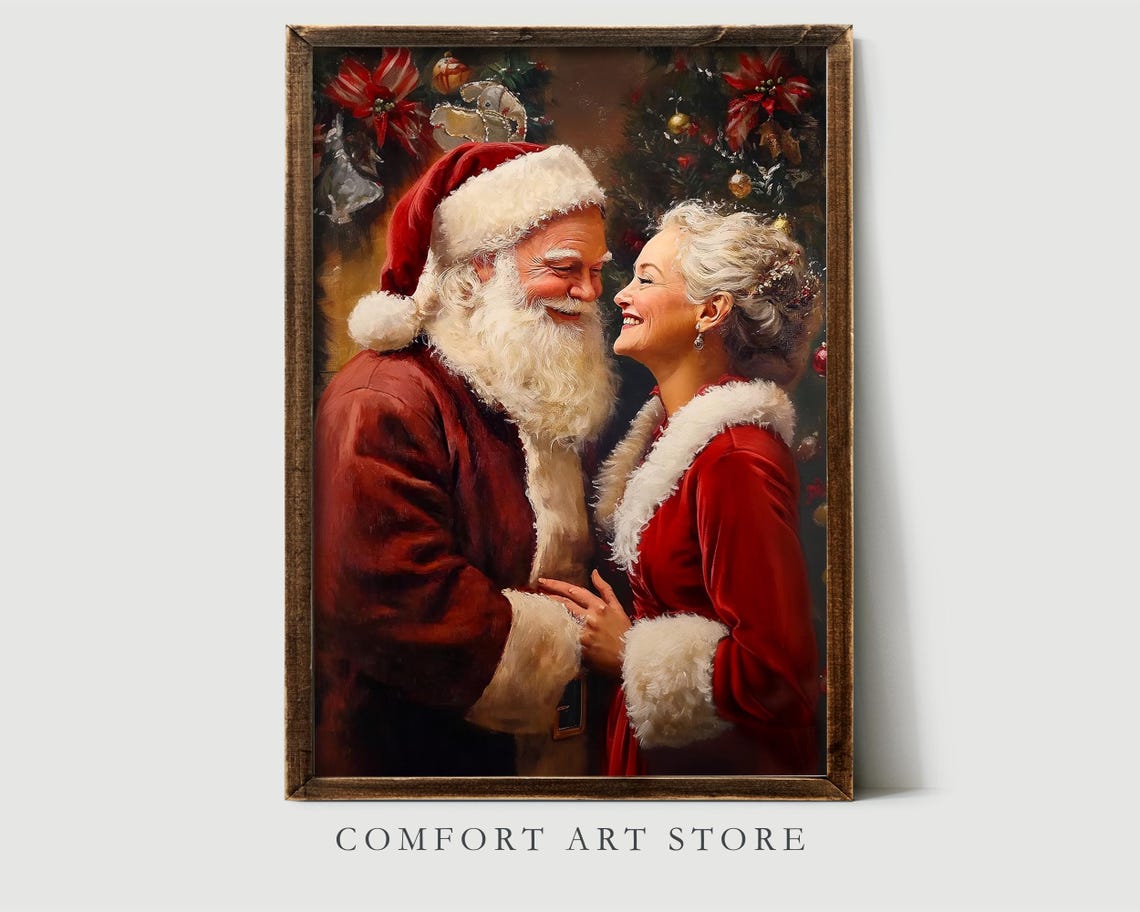 Santa and Mrs Claus Embracing in Front of Christmas Tree Poster - Image 2