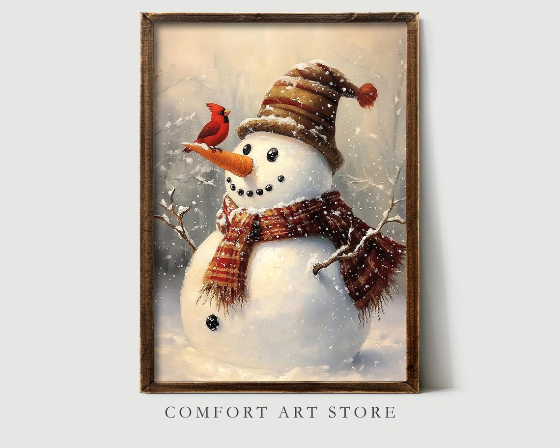 Vintage Christmas Wall Art Snowman Print Carrot Nose Red Cardinal Holiday Winter Decor Neutral Christmas Oil Painting Antique Snowman Print - Image 2