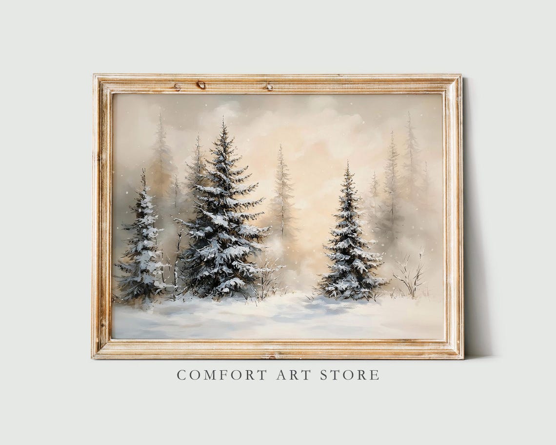 Snowy Pine Trees Standing In A Quiet Misty Winter Forest Wall Art