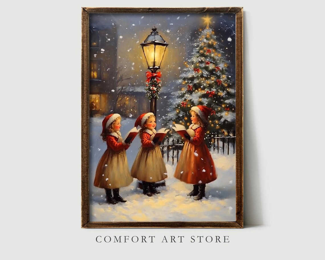 Little Girls Caroling Snowy Christmas Tree Vintage Oil Painting Poster - Image 2