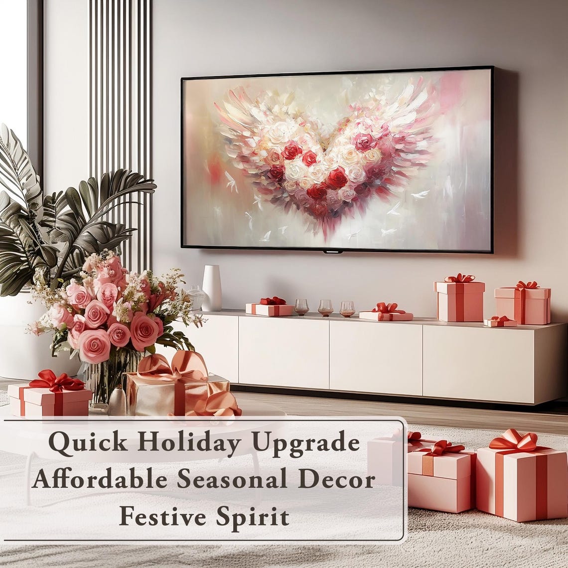 Valentines Rose Heart With Wings Painting Rustic Frame TV Wall Art - Image 4