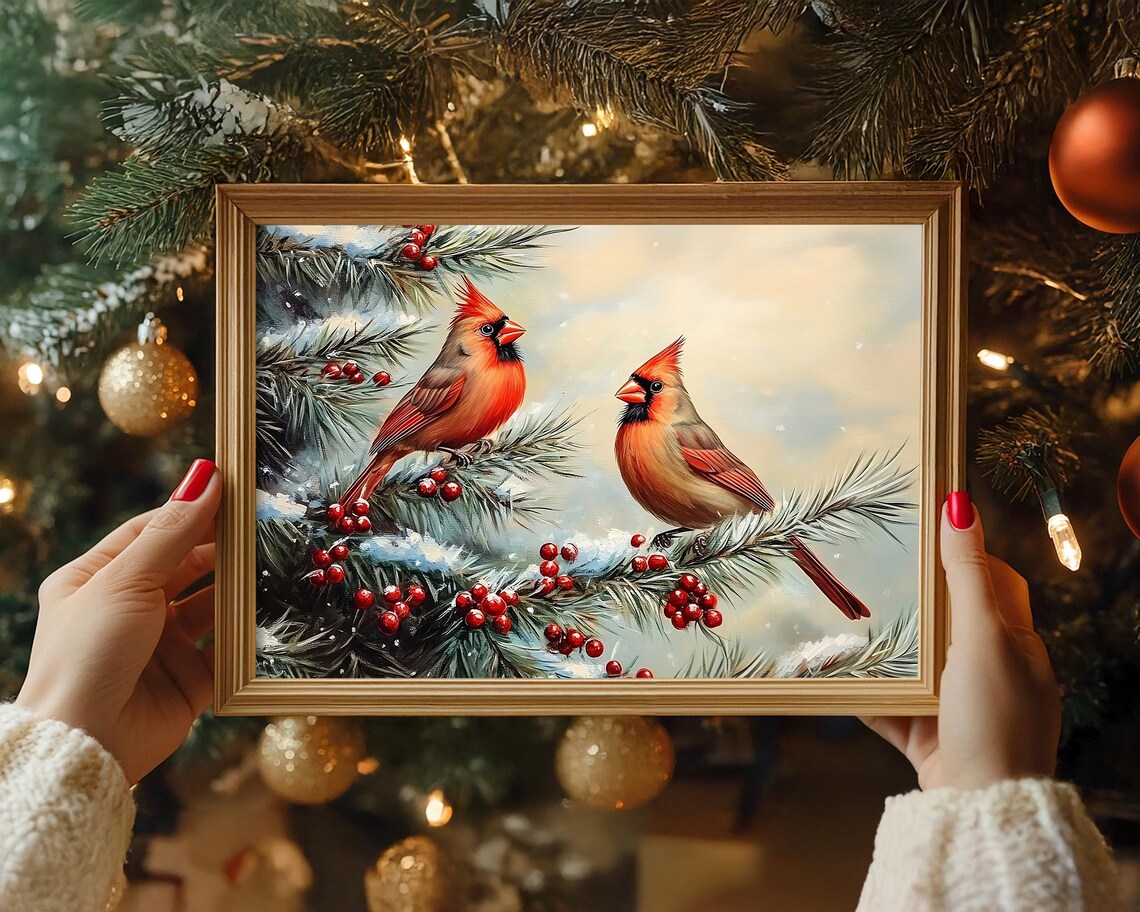 Pair of Red Cardinals on Snowy Pine Branch Winter Bird Wall Art - Image 6
