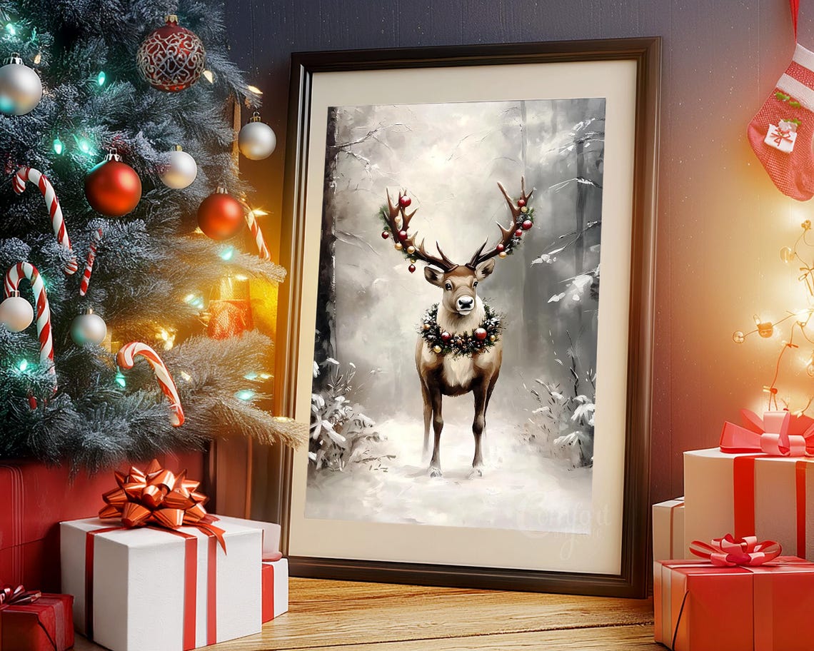 Beautiful Festive Deer with Ornaments on Antlers Misty Snow Poster - Image 5
