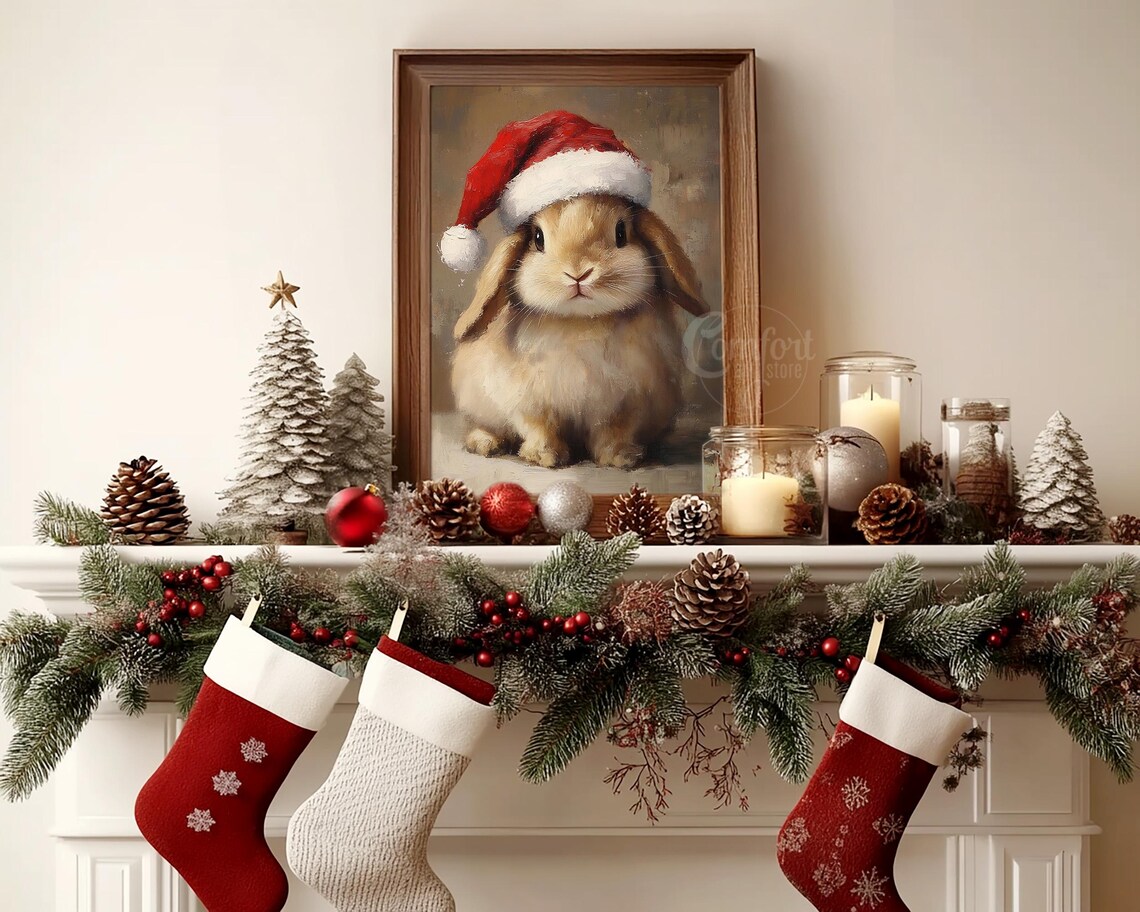 Precious Sweet Lop Eared Bunny in Santa Hat Holiday Art Poster - Image 4