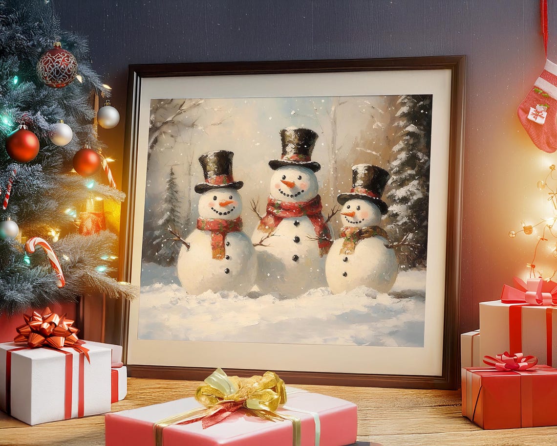 Vintage Christmas Snowman Print Christmas Wall Art Winter Holiday Antique Christmas Snowman Family Painting Snowman Wall Art Christmas Decor - Image 5