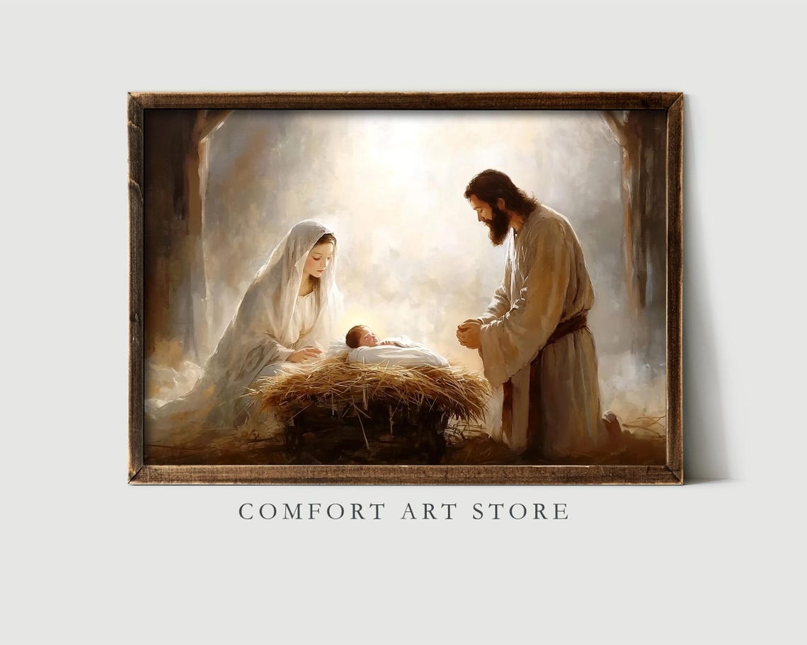 Mary and Joseph Adoring Baby Jesus in the Manger Stable Poster - Image 2