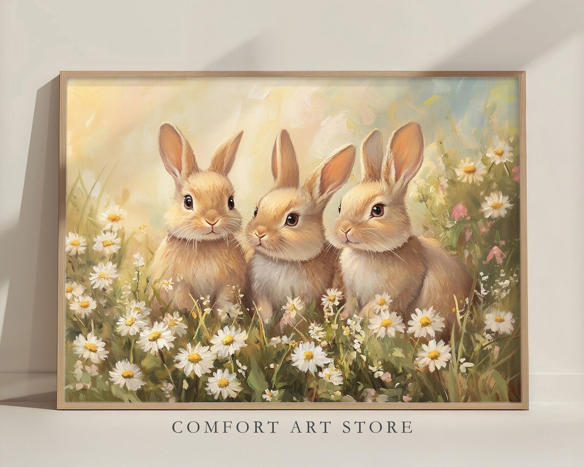 Easter Bunny Print, Cute Neutral Spring Wildflower - Image 2