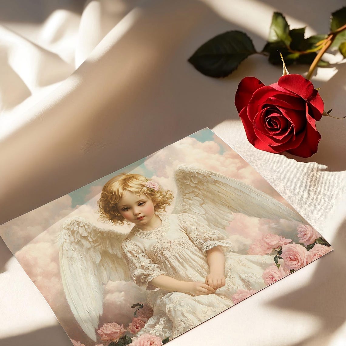 Cherubic Angel Pink Roses Vintage Oil Painting Romantic Wall Poster - Image 3