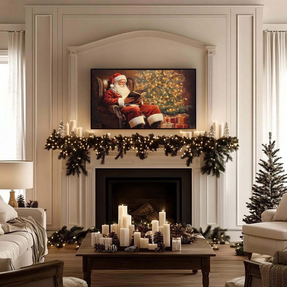 Christmas Santa Claus Frame Tv Art Vintage Christmas Antique Winter Scene Santa Reading Book Painting Holiday Christmas Frame Tv Art - Image 2