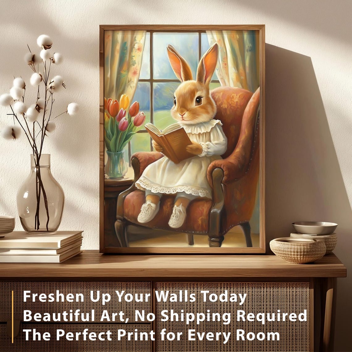 Easter Bunny Print Cute Easter Bunny Reading Book Easter Rabbit Easter Vintage Spring Cottagecore Nursery Decor Farmhouse Wall Art - Image 3