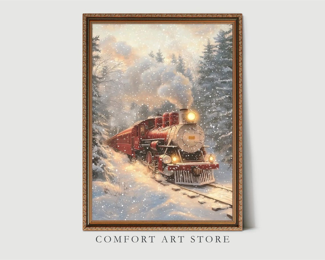 Classic Red Steam Engine in Snowy Pine Forest Snowstorm Wall Art - Image 3
