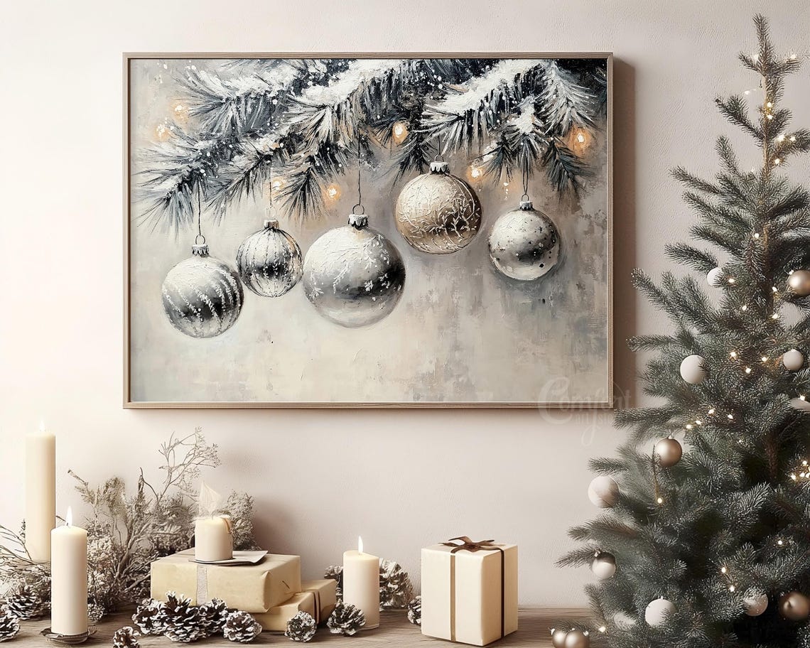 Shimmering Silver Mercury Glass Ornaments Snowy Pine Branch Poster - Image 8