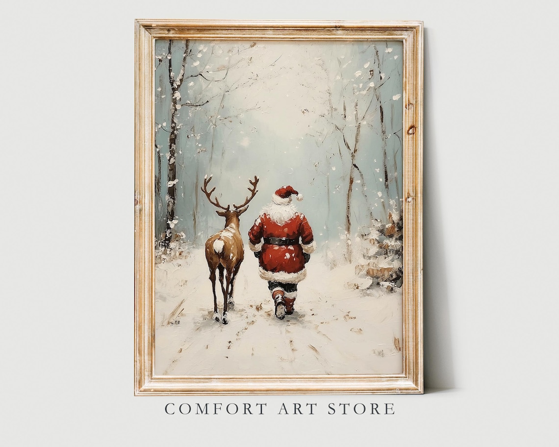 Antique Vintage Christmas Santa Claus Print Santa Claus Reindeer Wall Art Christmas Scene Neutral Print Holiday Winter Landscape