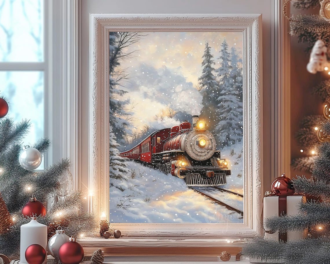 Red Locomotive with Glowing Headlamp in Snowy Pines Wall Art - Image 8