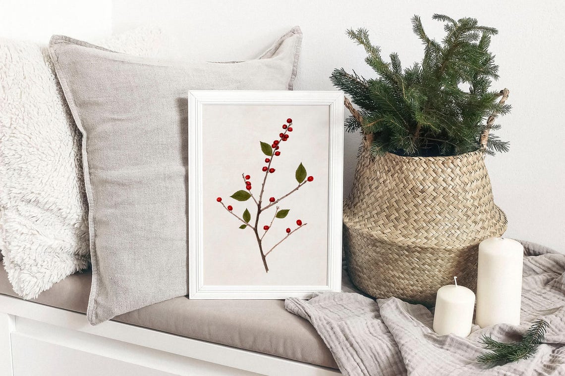 Red Winterberry Branch Watercolor Minimalist Botanical Art Print - Image 2