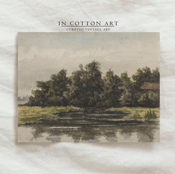 Vintage Summer Cottage Landscape, Lake House Art Print