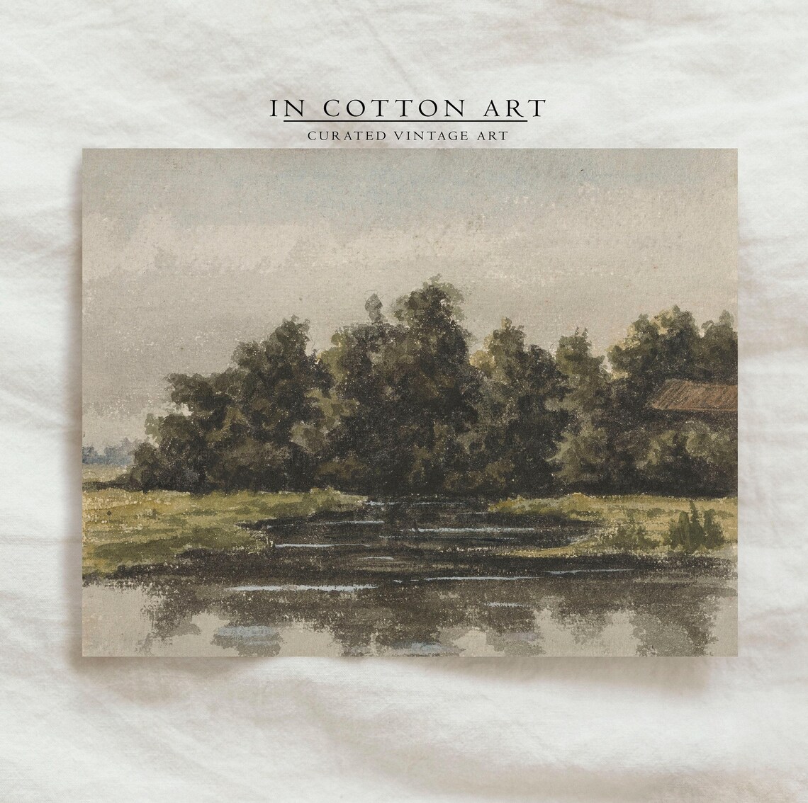 Vintage Summer Cottage Landscape, Lake House Art Print