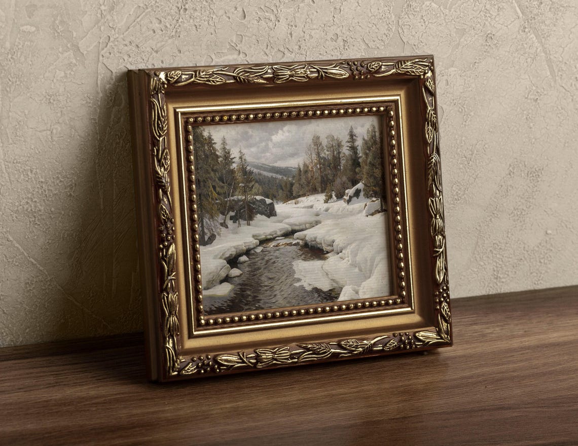 Snowy Pine Forest Stream Winter River Vintage Landscape Painting - Image 2