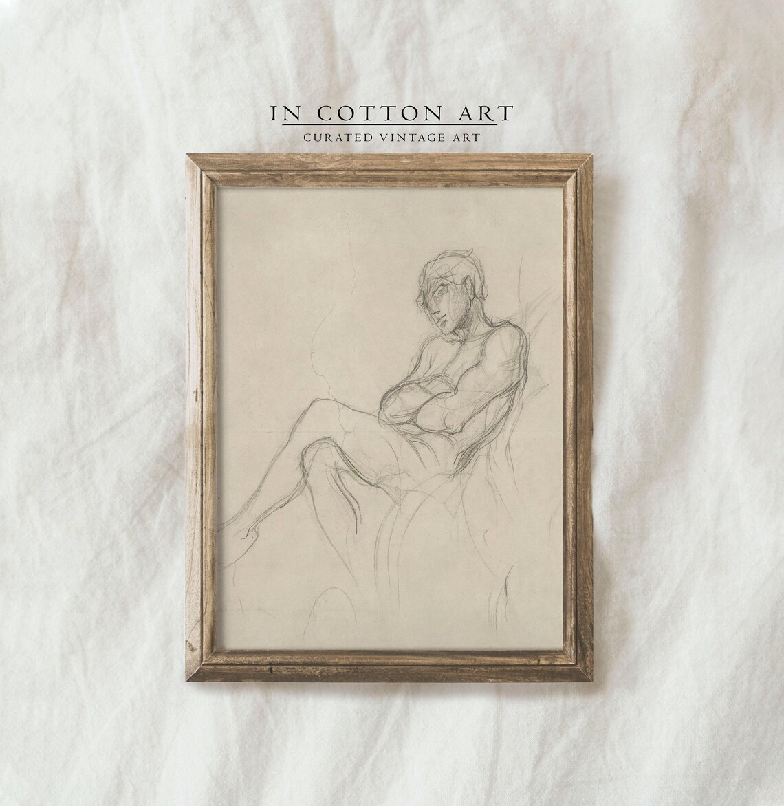 Vintage Male Figure Sketch, Neutral Antique Etching Art Print - Image 4