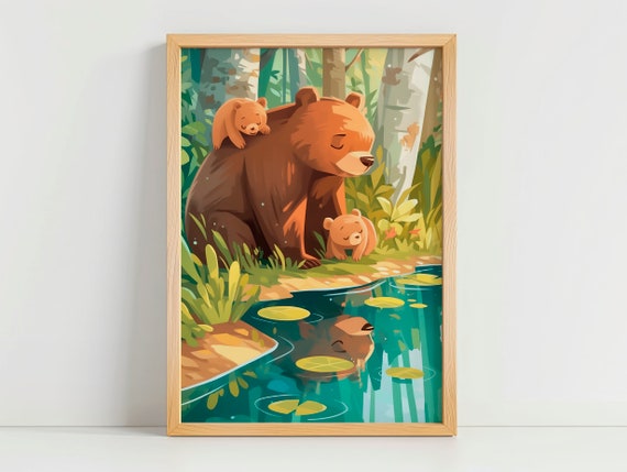 Illustration Of Mother Bear And Her Cubs Wall Decoration For Childrens Room Art Tender Imagination