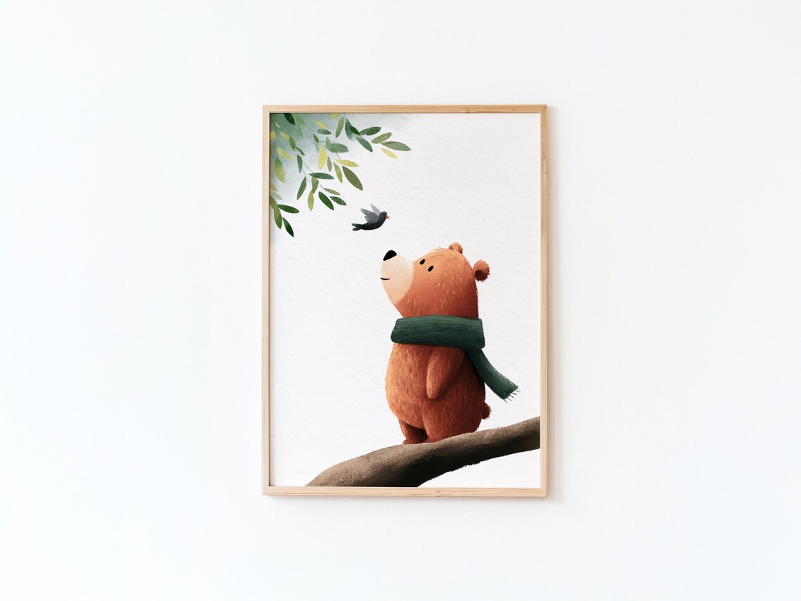 Cozy Brown Bear In Green Scarf Sitting On Branch With Bird Poster