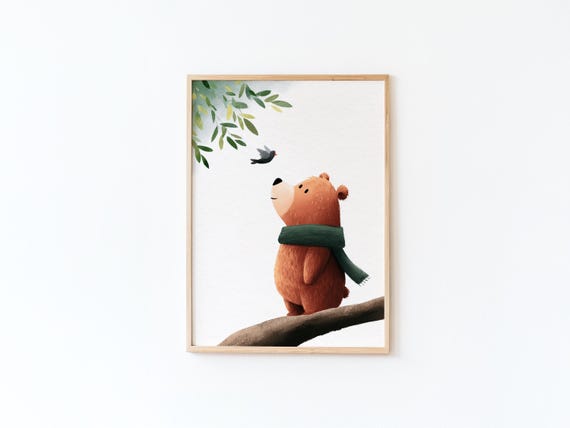 Childrens Room Decoration With A Teddy Bear On Branch By Tendre Imaginaire And Bird Poster Sweet Forestthemed Illustration