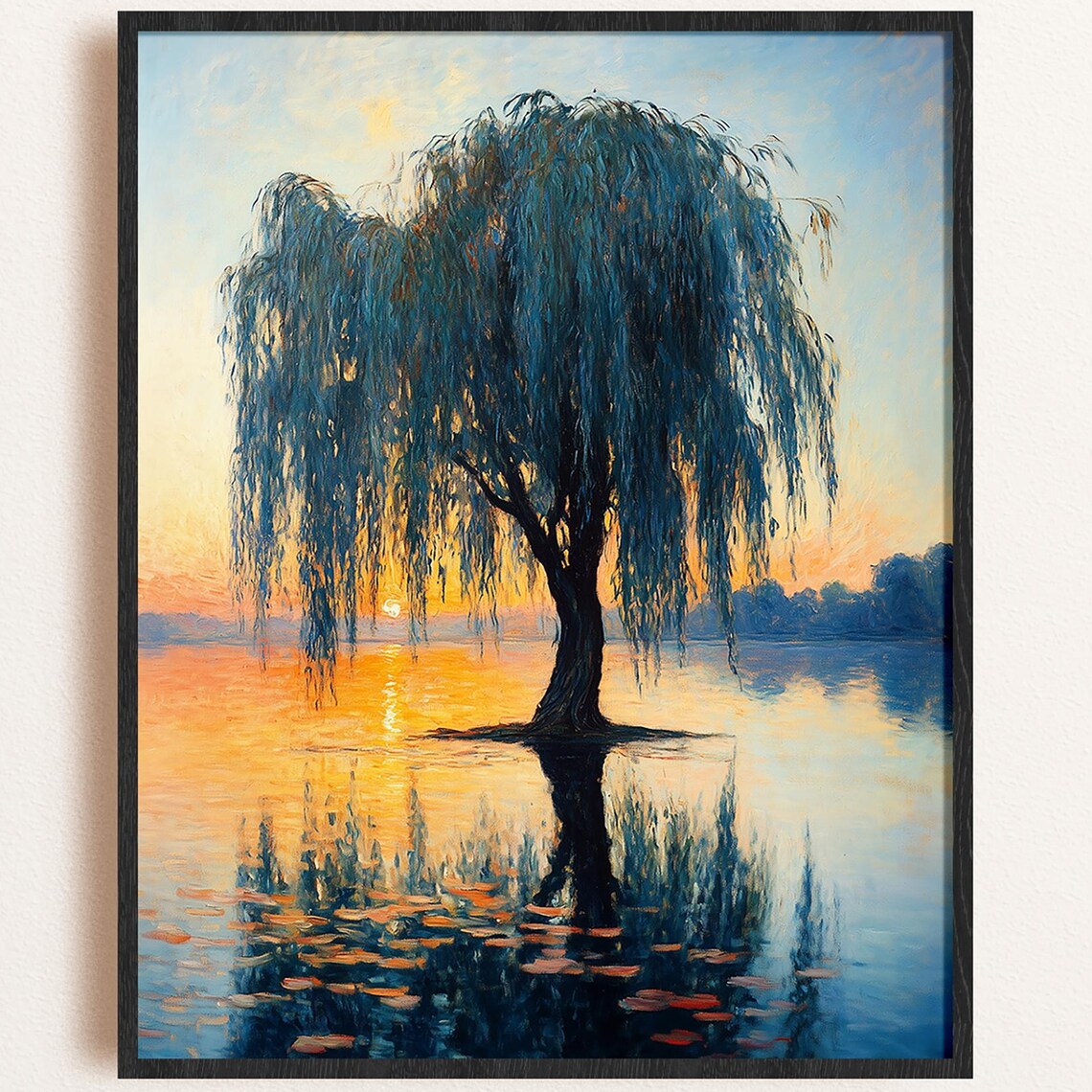 Weeping Willow Sunset, Golden Teal Lake Landscape