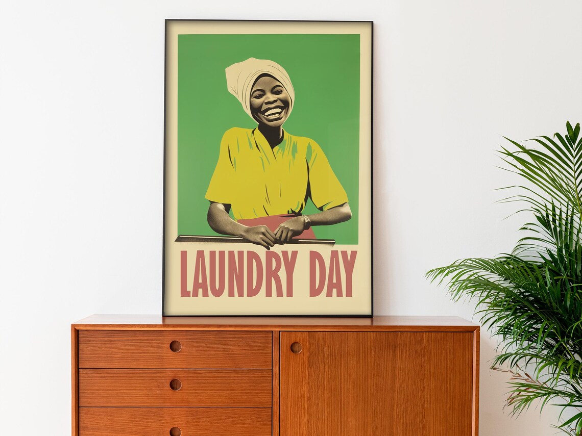 Laundry Day Smiling Retro Woman Green Vintage Laundry Room Poster - Image 3