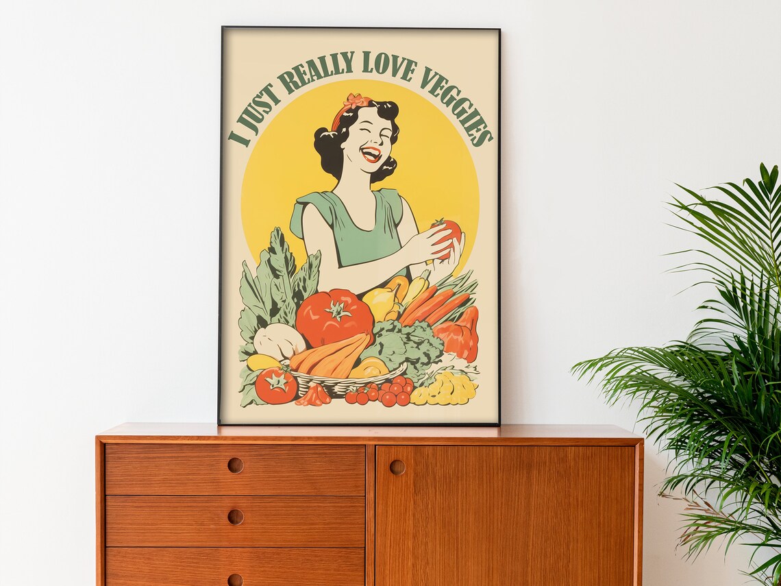I Just Really Love Veggies Retro Woman Vegetable Basket Kitchen Poster - Image 3