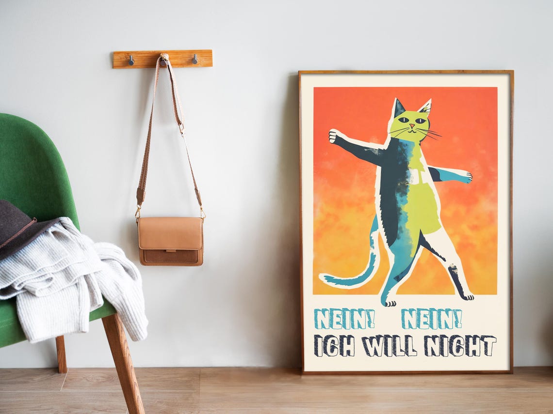 Nein Nein Ich Will Nicht Dancing Cat Orange Funny Retro German Poster - Image 5