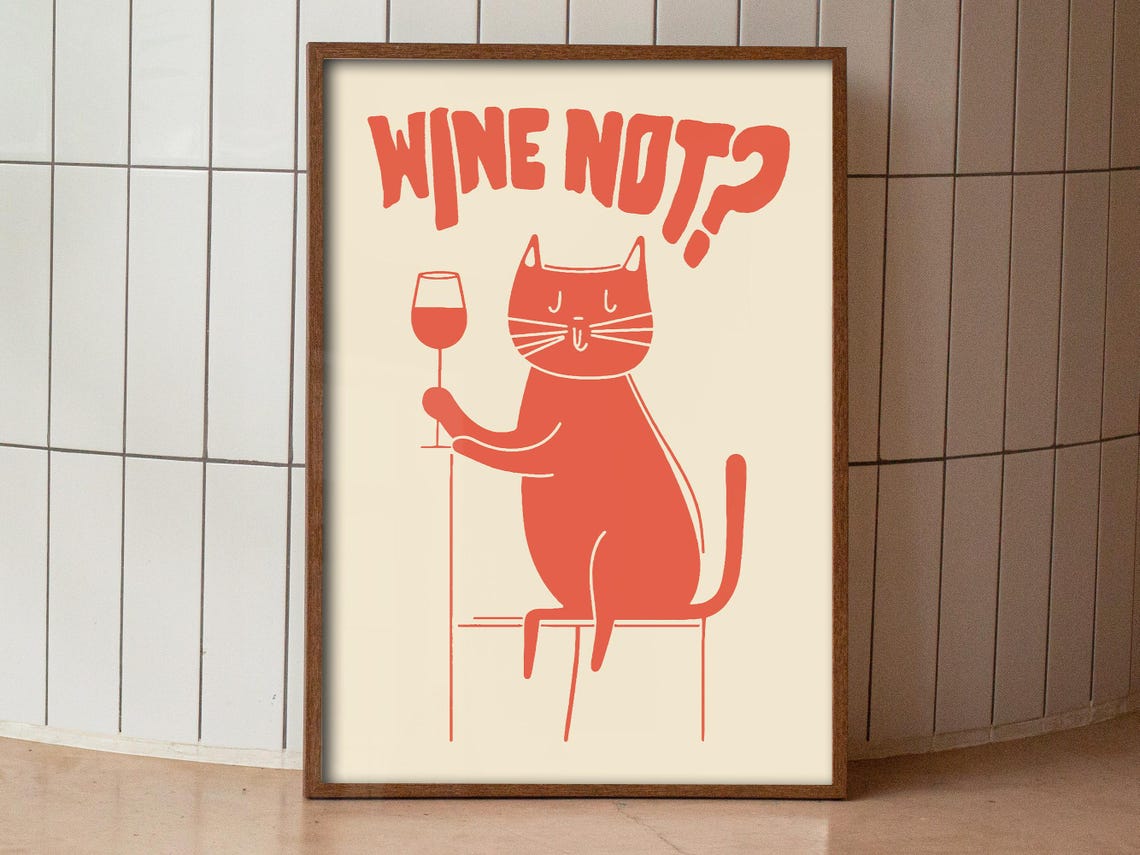 Wine Not Funny Red Cat Drinking Wine Minimalist Bar Cart Poster - Image 3