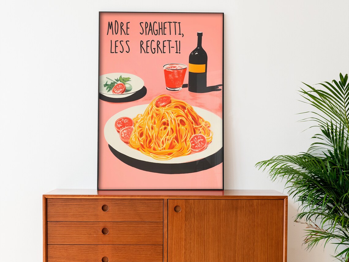 More Spaghetti Less Regret I Pink Retro Italian Food Wine Poster - Image 3