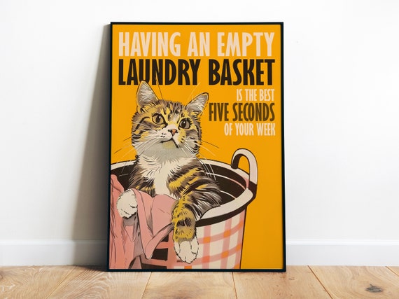 Funny Laundry Poster Laundry Wall Art Retro Cat Poster Bathroom Poster Yellow Utility Room Cute Cat Art Print Laundry Sign