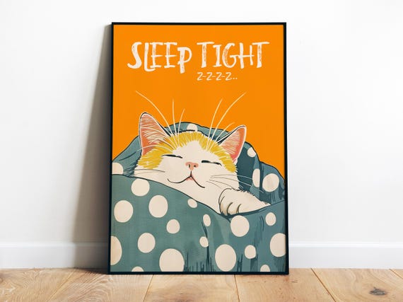Sleep Tight Wall Art Sweet Dreams Poster Kids Bedroom Prints Nighty Night Print Cute White Cat Art Print Funny Cat Print