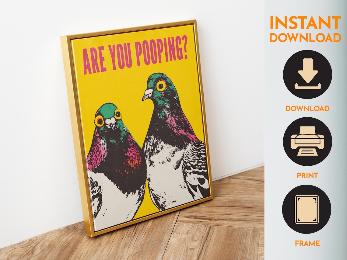 Are You Pooping Funny Pigeon Pair Yellow Bathroom Humor Art Poster - Image 6