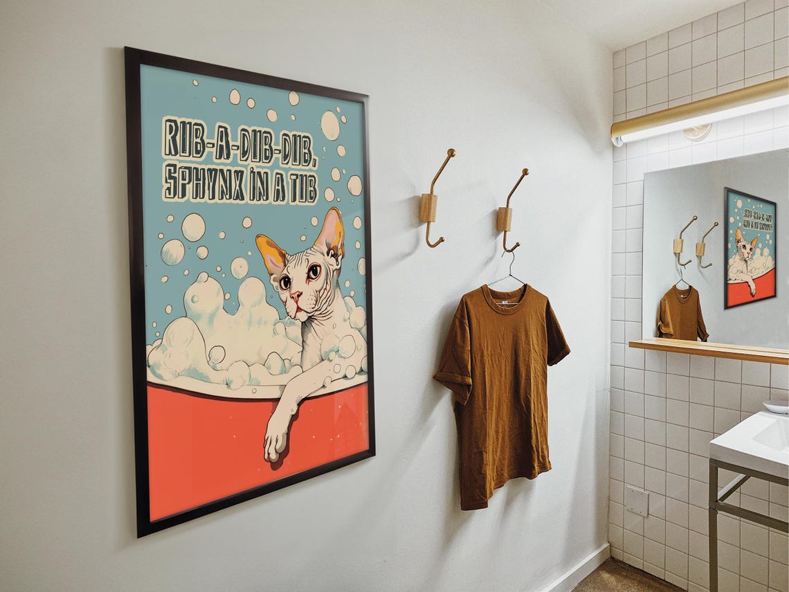 Rub A Dub Dub Sphynx Cat In A Red Tub Retro Funny Cat Poster - Image 4