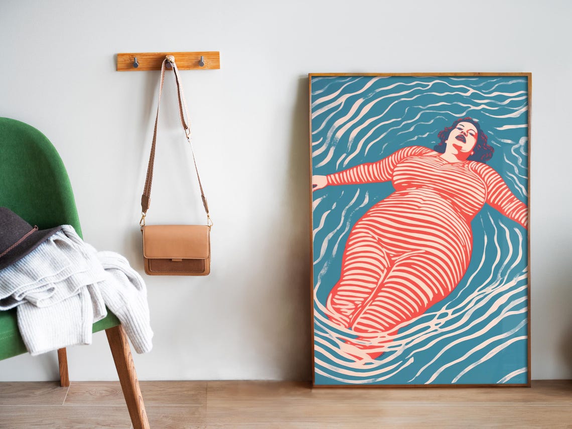 Floating Woman In Striped Red Swimsuit Retro Pool Art Poster - Image 5