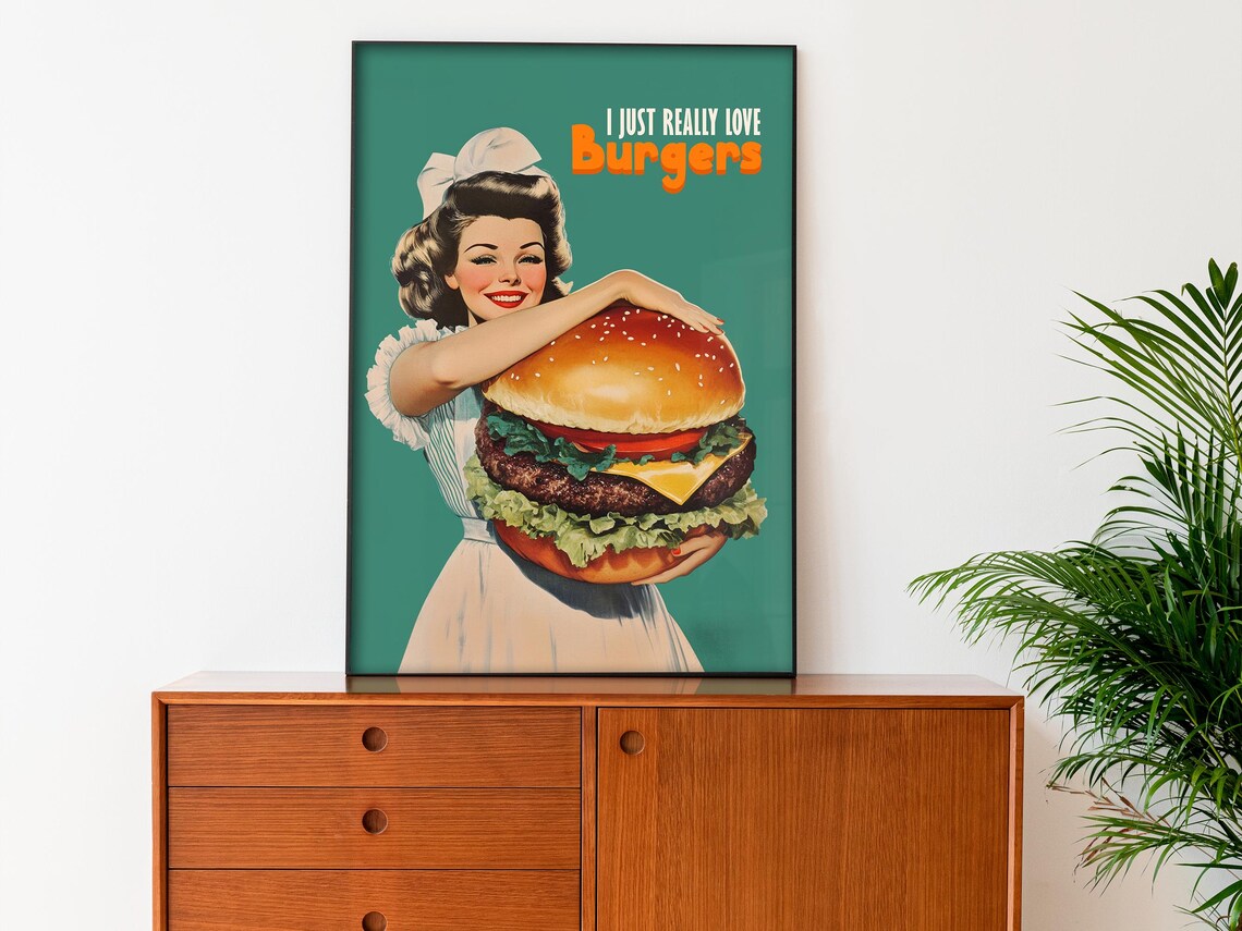 I Just Really Love Burgers Funny 50s Housewife Burger Poster - Image 4