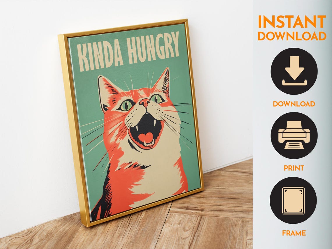 Hungry Cat Print Funny Poster Kitchen Wall Art Funny Cat Poster Funny Kitchen Quote Minimalistic Retro Cat Art Poster Kitchen Prints - Image 4