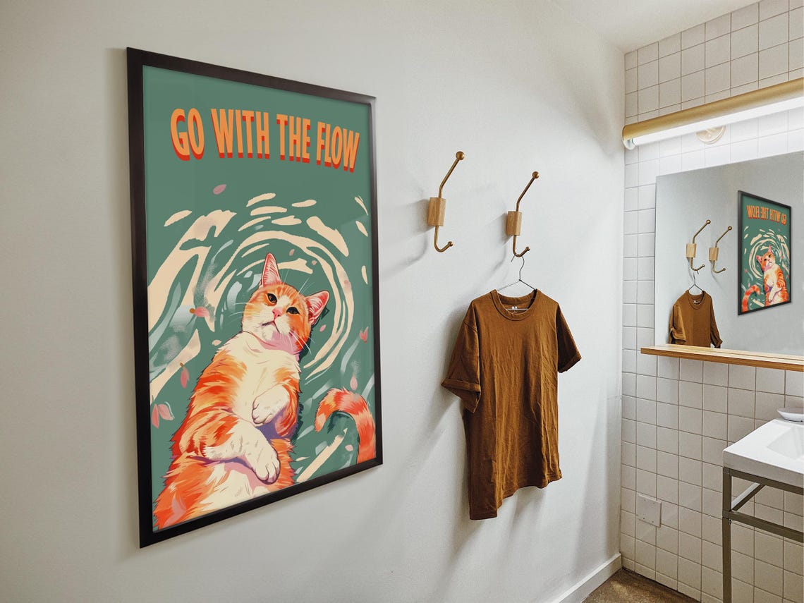 Go With The Flow Floating Orange Tabby Cat Swirls Teal Zen Poster - Image 4