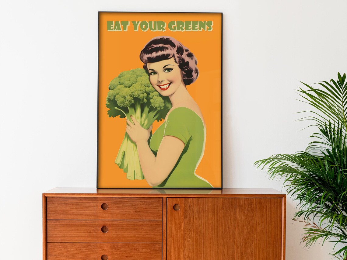 Eat Your Greens Retro Kitchen Broccoli 50s Housewife Wall Poster - Image 3