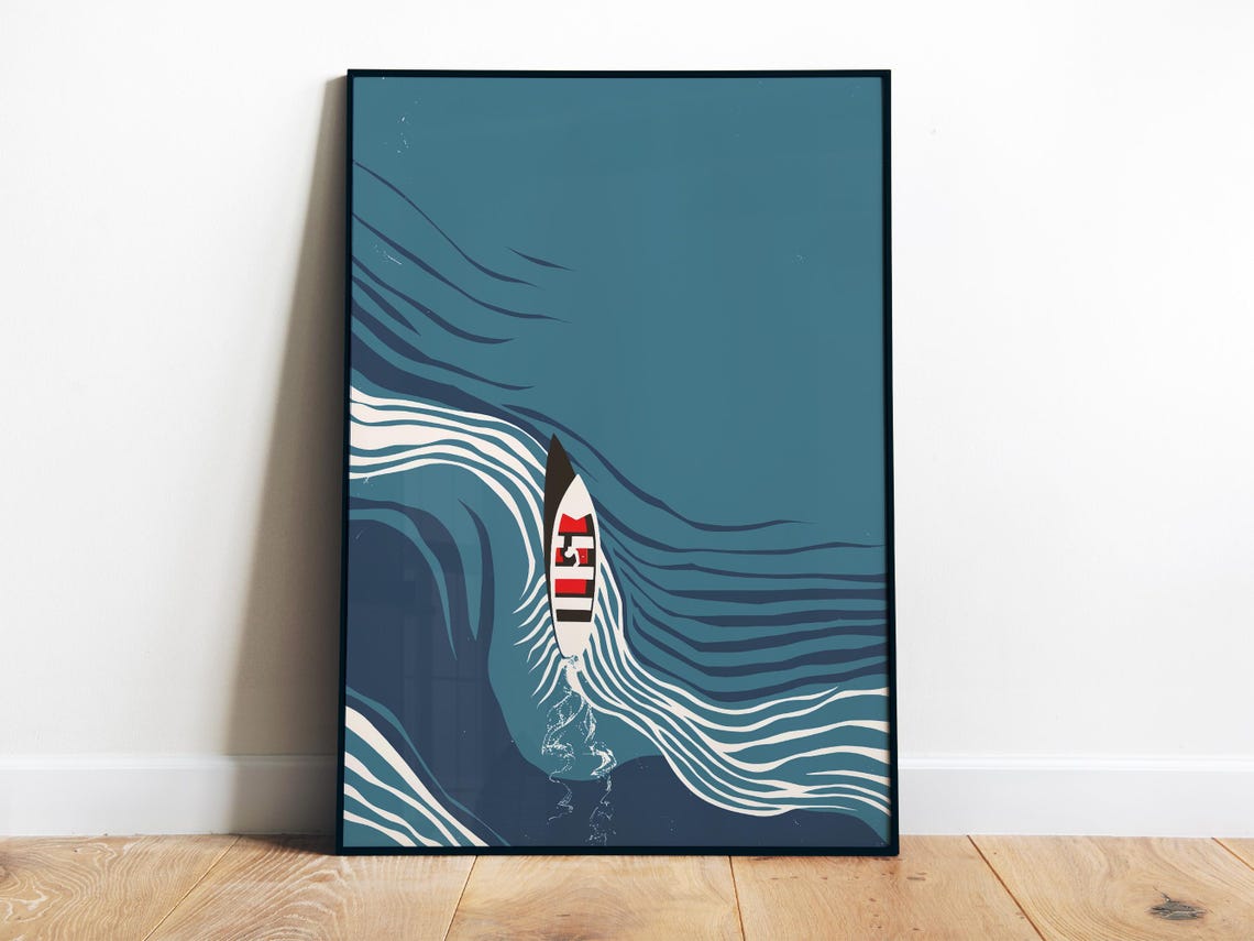 Minimalist Deep Blue Ocean Boat Aerial Waves Coastal Art Poster