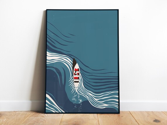 Minimalist Deep Blue Ocean Boat Aerial Waves Coastal Art Poster
