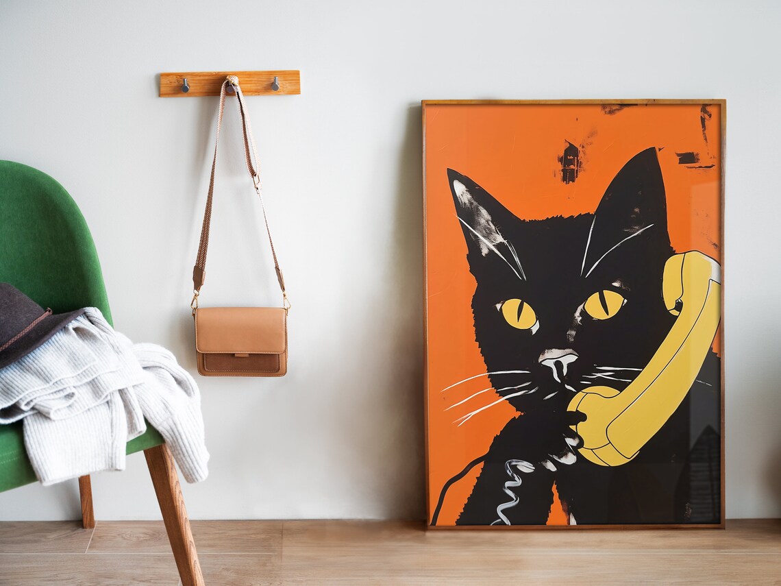 Cat On The Phone Retro Poster, Maximalist Cat Print - Image 5
