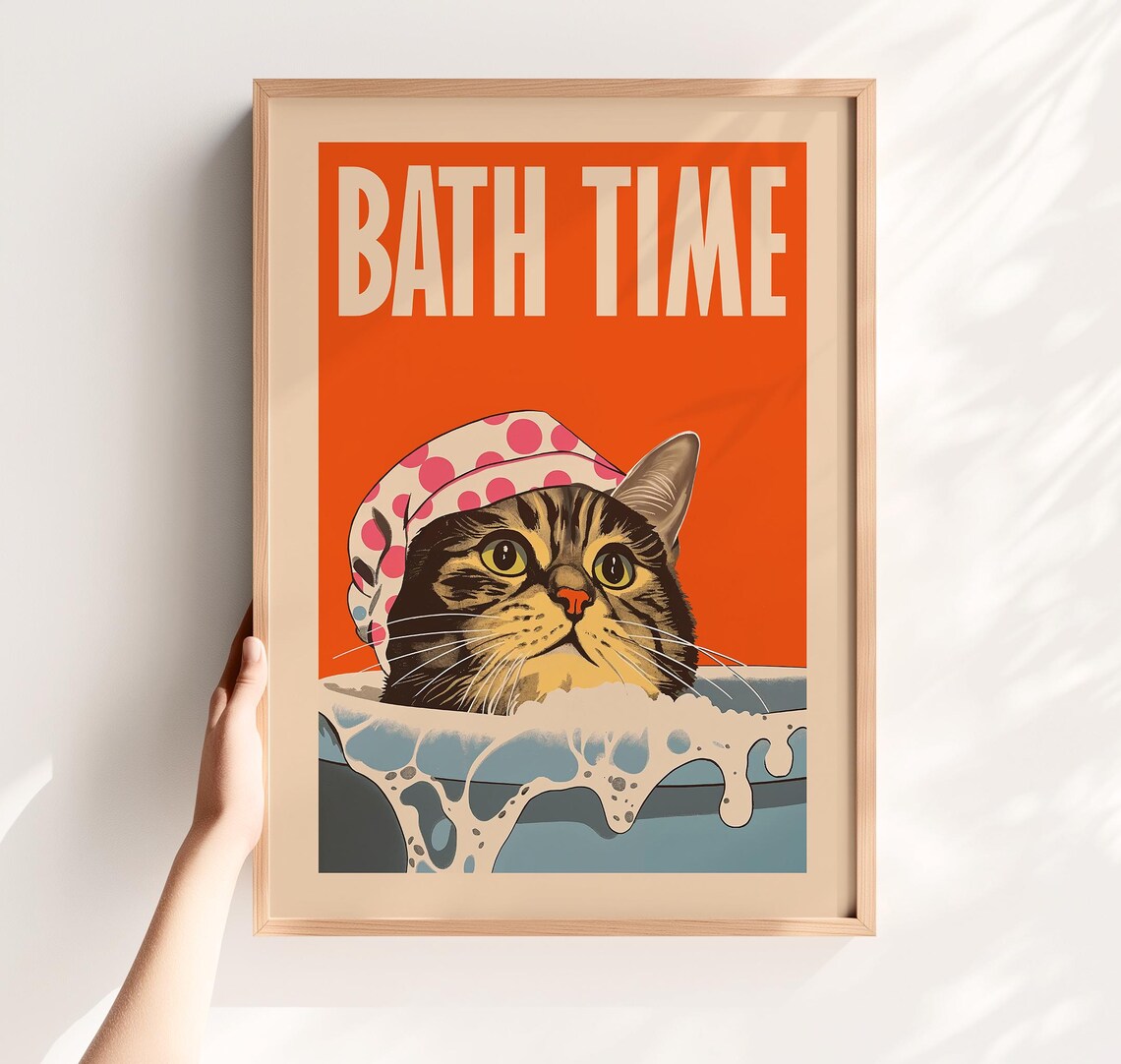 Funny Cat Bathroom Art, Mid-Century Style Art Print