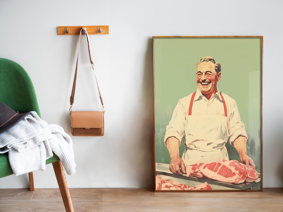 Happy Butcher With Fresh Meat Vintage Retro Kitchen Art Poster - Image 5