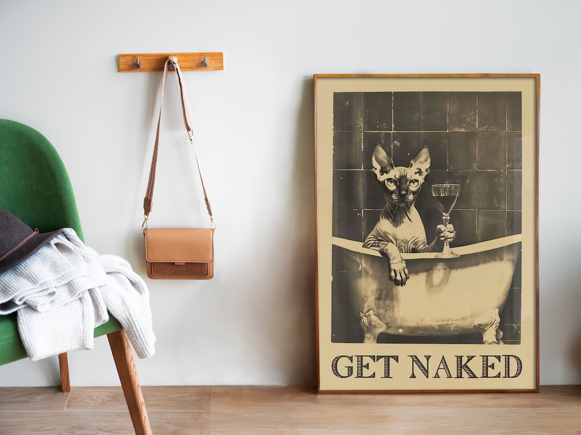 Get Naked Sphynx Cat Poster, Retro Bathroom Art - Image 5